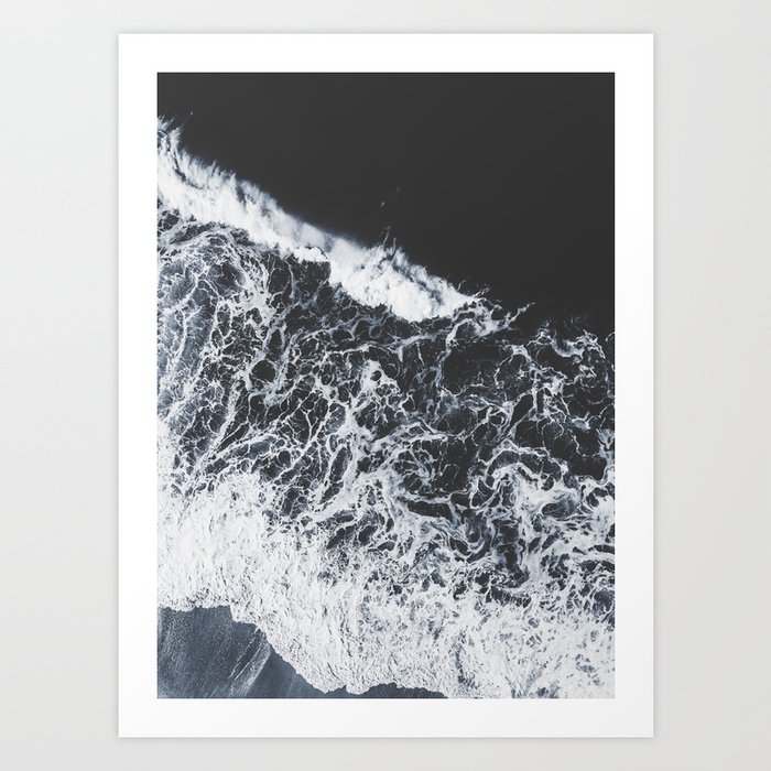 Aerial Ocean - Black and White Sea - Crashing Waves - Travel photography Art Print