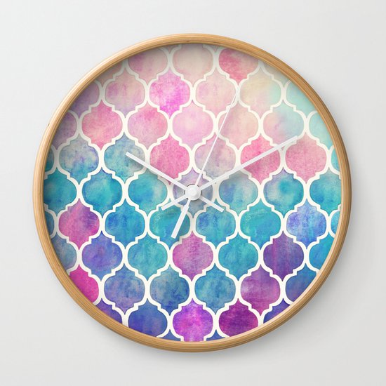 Rainbow Pastel Watercolor Moroccan Pattern Wall Clock