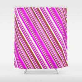 [ Thumbnail: Sienna, Violet, Fuchsia, and Light Yellow Colored Lines/Stripes Pattern Shower Curtain ]