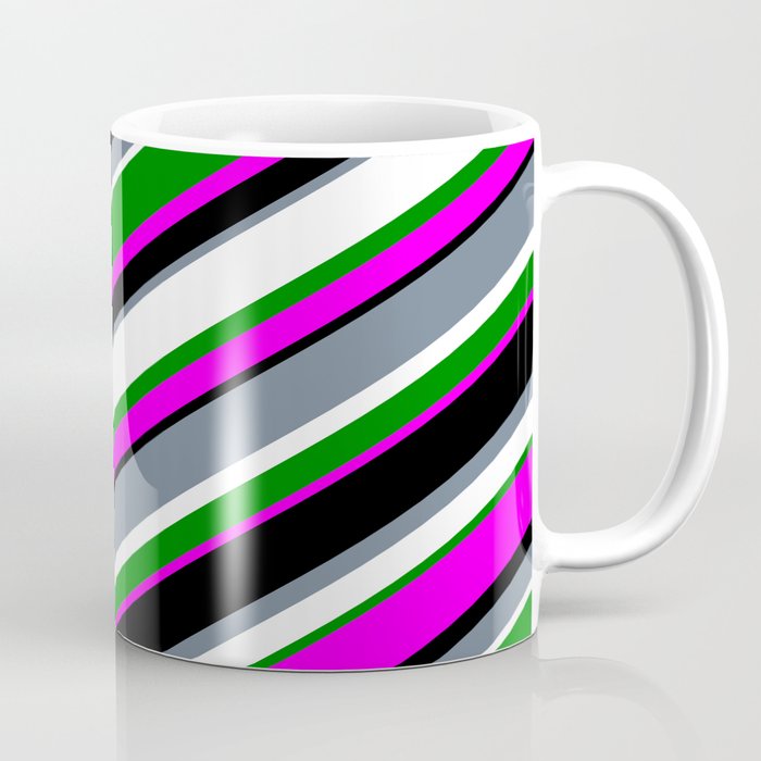 Eyecatching Slate Gray, White, Green, Fuchsia, and Black Colored Striped Pattern Coffee Mug