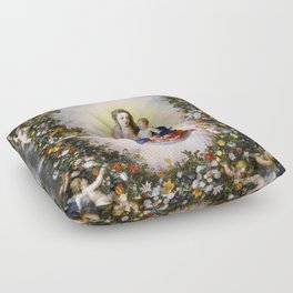 Virgen con Ángeles Flower Garland Mary with Angels Floor Pillow