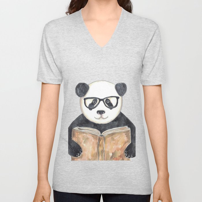 Panda reading book watercolor  V Neck T Shirt