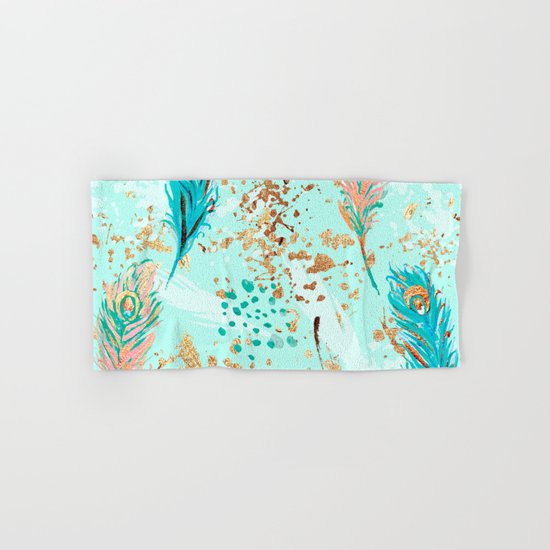 Feather peacock peach mint #7 Hand & Bath Towel