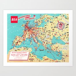 1958 Vintage Map - BEA International Air Routes Art Print