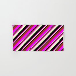 [ Thumbnail: Brown, Fuchsia, Light Yellow, and Black Colored Lines Pattern Hand & Bath Towel ]