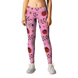 Ladybug and Floral Seamless Pattern on Pink Background Leggings