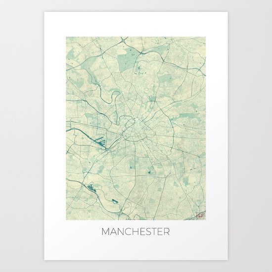 Manchester Map Blue Vintage Art Print