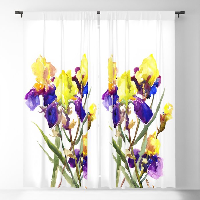 Garden Iris Floral Artwork Yellow Purple Blue Floral design, bright colored floral design Blackout Curtain