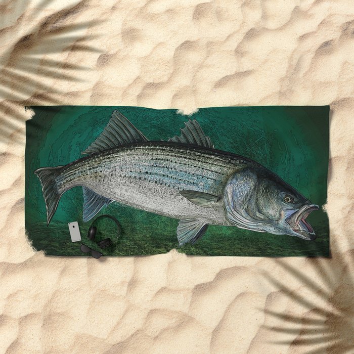 Striped Bass Fishing Art Prints Beach Towel by FishwearDesigns