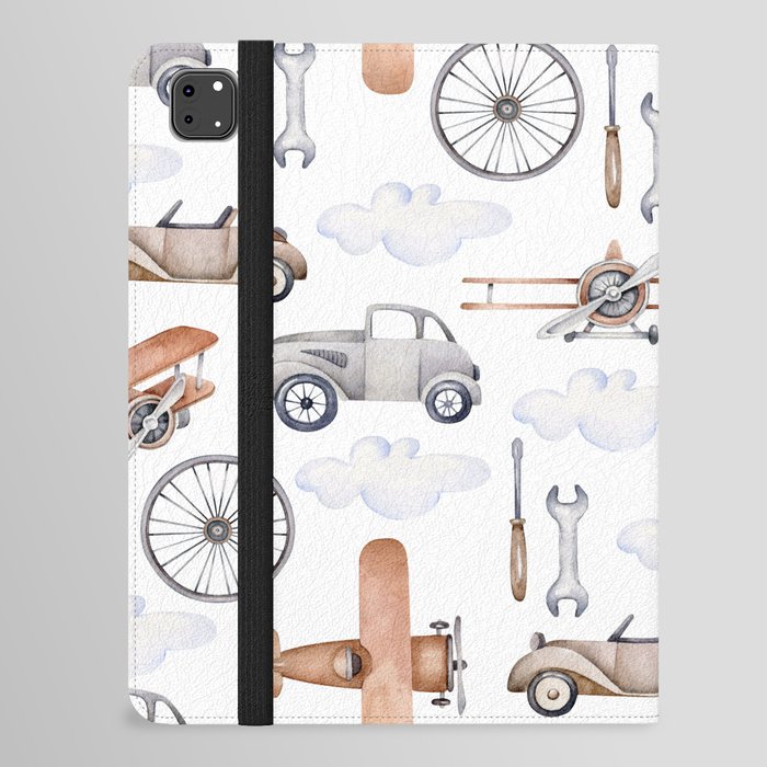 Watercolor baby pattern with retro cars and planes iPad Folio Case