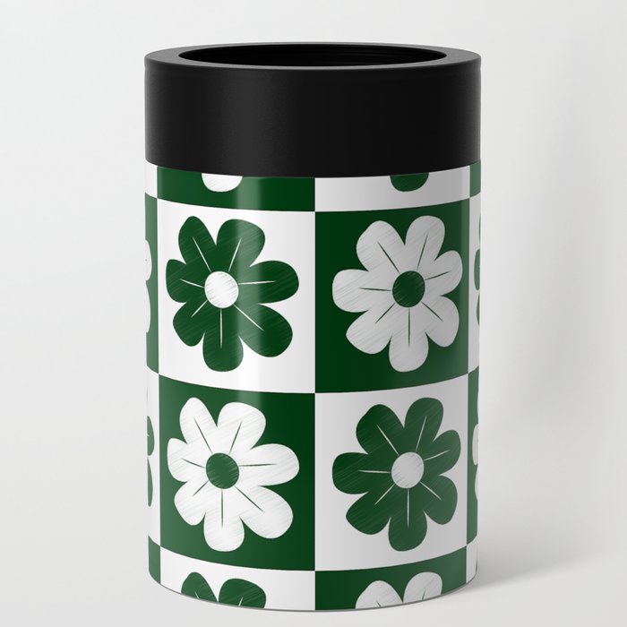 Green and White Checkerboard Floral Can Cooler
