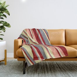 [ Thumbnail: Grey, Dark Red, Dark Salmon, and Pale Goldenrod Colored Striped Pattern Throw Blanket ]