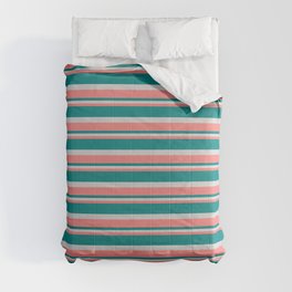 [ Thumbnail: Light Coral, Teal, and Light Grey Colored Lined/Striped Pattern Comforter ]