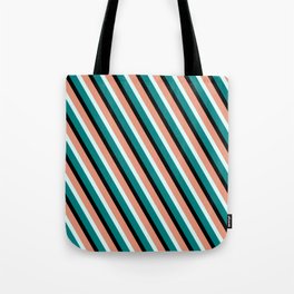 [ Thumbnail: Dark Salmon, Light Cyan, Teal & Black Colored Lined/Striped Pattern Tote Bag ]