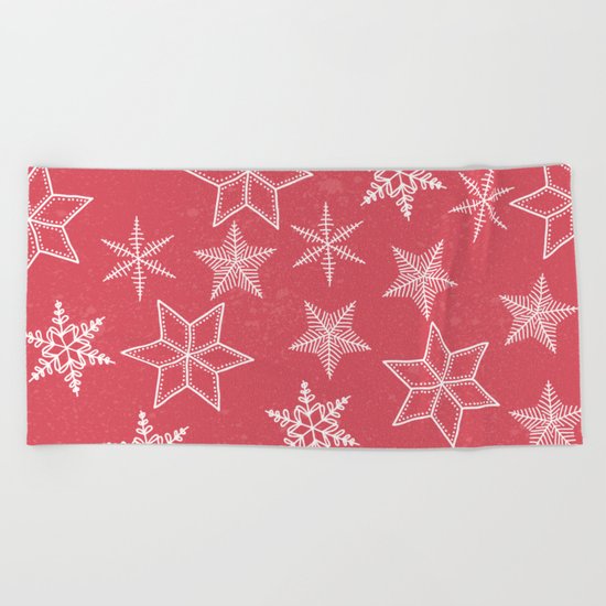 Snowflakes On Pastel Red Background Beach Towel