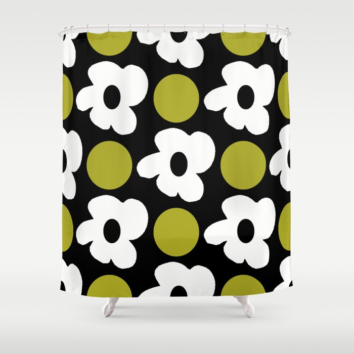 Small White Retro Flowers Olive Green Dots Black Background #decor #society6 #buyart Shower Curtain