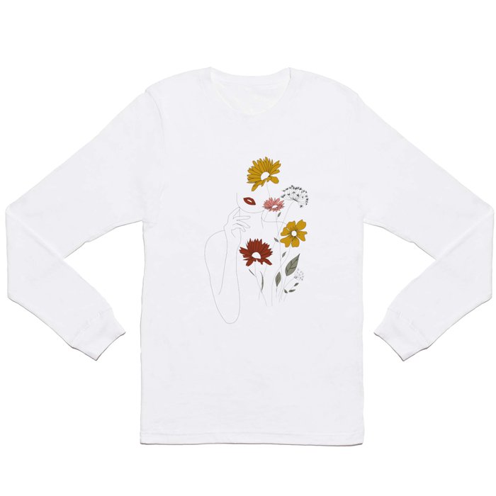 Colorful Thoughts Minimal Line Art Woman with Flowers III Long Sleeve T Shirt