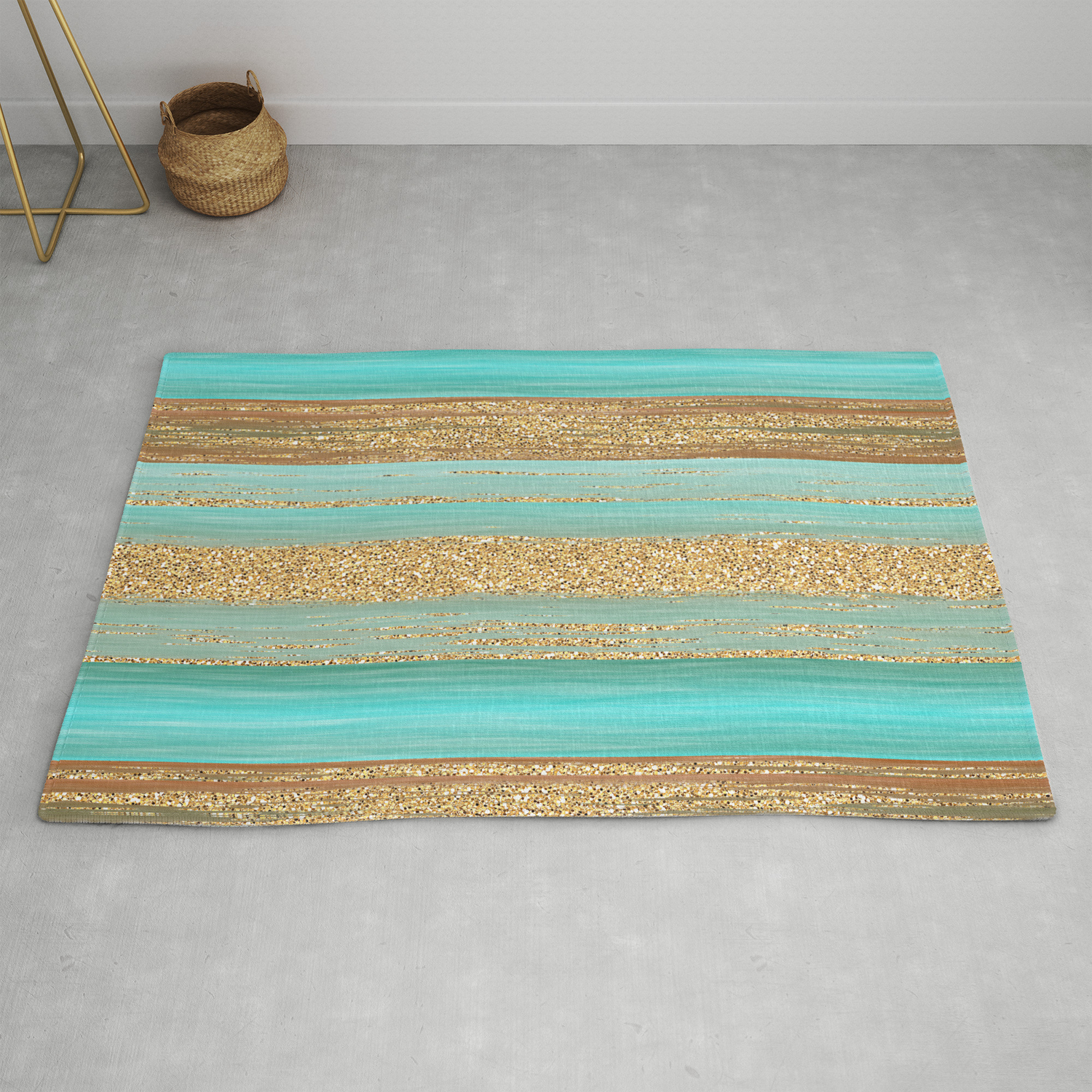 Faux Gold Glitter Stripes Pattern Rug, Turquoise And Brown Rugs
