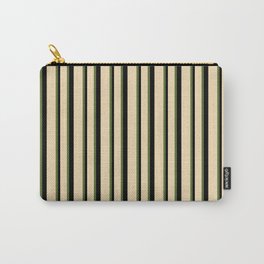 [ Thumbnail: Dark Olive Green, Tan & Black Colored Striped Pattern Carry-All Pouch ]