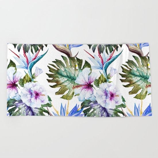 Watercolor Tropical Hibiscus Beach Towel