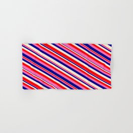 [ Thumbnail: Beige, Red, Hot Pink, and Dark Blue Colored Stripes/Lines Pattern Hand & Bath Towel ]