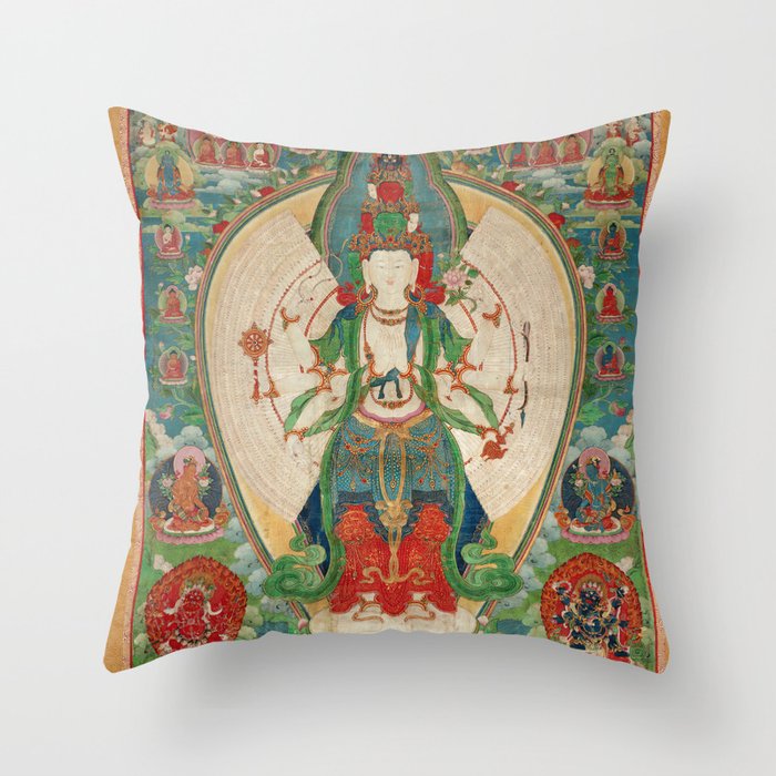 Eleven-Headed, Thousand-Armed, Thousand-Eyed Avalokitesvara Buddhist Thangka Art Throw Pillow