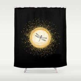 Sketched Dragonfly Gold Circle Pendant on Black Shower Curtain