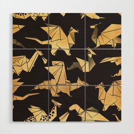 Origami metallic dragon friends // black background golden fantasy animals Wood Wall Art