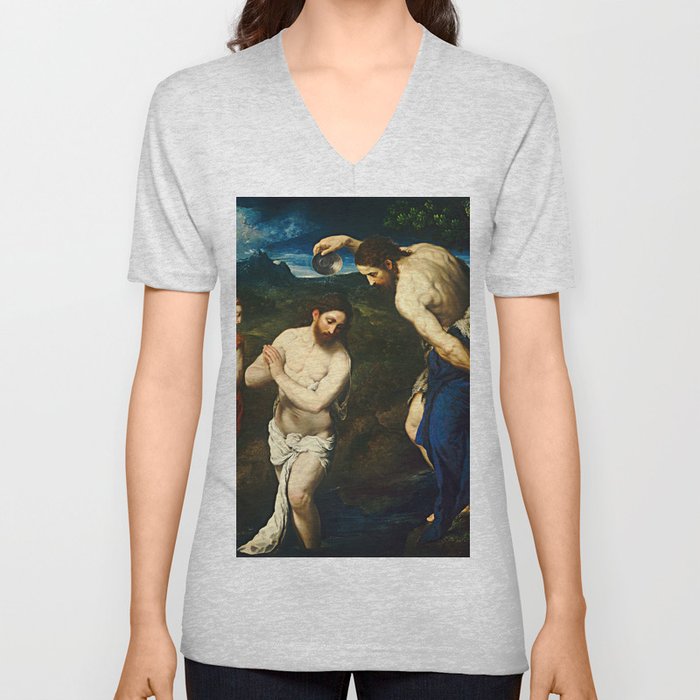 The Baptism of Christ by Paris Bordone V Neck T Shirt