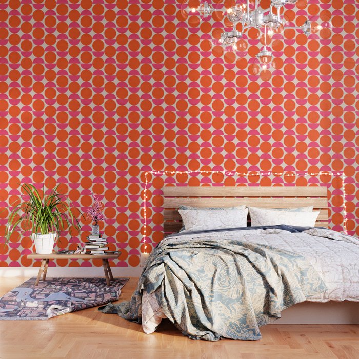 Vintage Mid-century Modern Abstract Geometric Balancing Shapes in Bright Bold Vibrant Fuchsia Pink and Hot Tangerine Orange Wallpaper