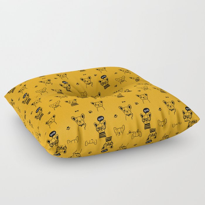 Mustard and Black Hand Drawn Dog Puppy Pattern Floor Pillow