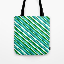[ Thumbnail: Turquoise, Dark Cyan, Mint Cream, and Green Colored Lined Pattern Tote Bag ]