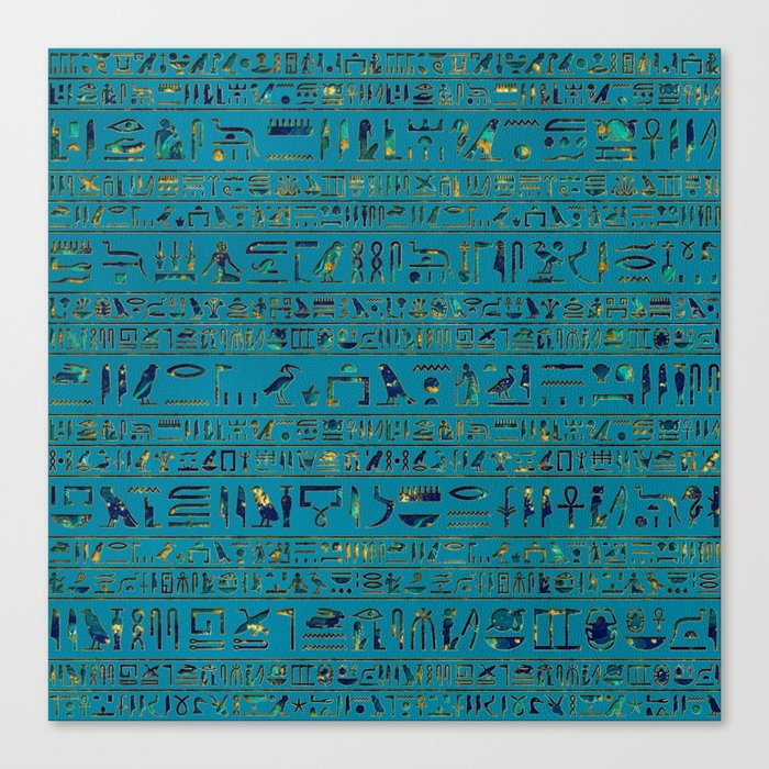 Egyptian hieroglyphs on teal leather texture Canvas Print