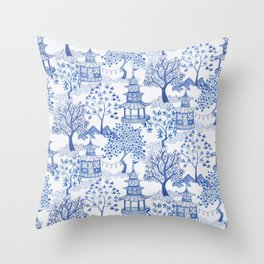 Pagoda Forest in Blue and White Throw Pillow