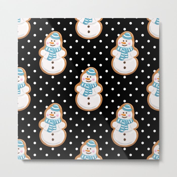 Christmas Gingerbread Seamless Pattern. Snowman Ginger Cookies on Polka Dot Black Background Metal Print