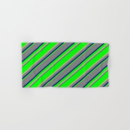 [ Thumbnail: Lime, Tan, Grey & Dark Blue Colored Lined/Striped Pattern Hand & Bath Towel ]