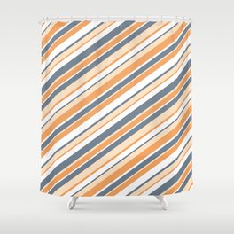 [ Thumbnail: Slate Gray, Bisque, Brown & White Colored Stripes/Lines Pattern Shower Curtain ]