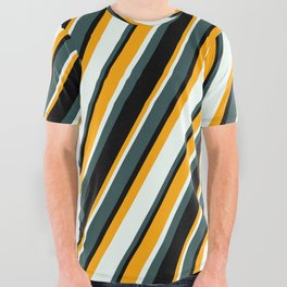 [ Thumbnail: Orange, Mint Cream, Dark Slate Gray, and Black Colored Lined/Striped Pattern All Over Graphic Tee ]