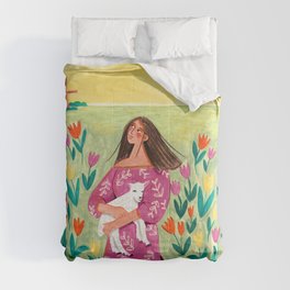 Spring easter field flowers sunrise girl  Comforter