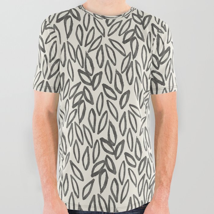 Organic Leaves Abstract Pattern in Charcoal Gray and Cream All Over Graphic Tee