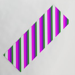 [ Thumbnail: Eye-catching Fuchsia, Dark Violet, Forest Green, Mint Cream, and Light Grey Colored Stripes Pattern Yoga Mat ]