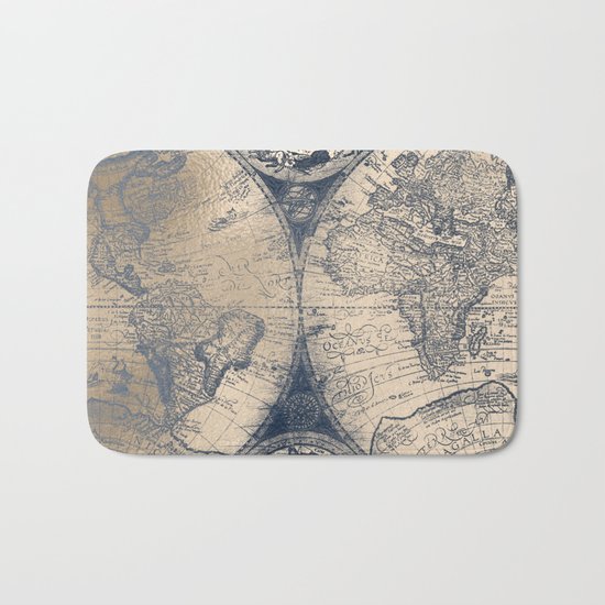 Antique World Map White Gold Navy Blue by Nature Magick Bath Mat