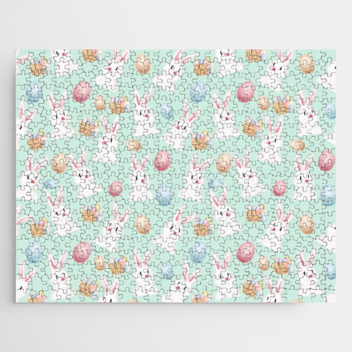 Easter Bunny And Eggs Pattern- Mint Green  Jigsaw Puzzle