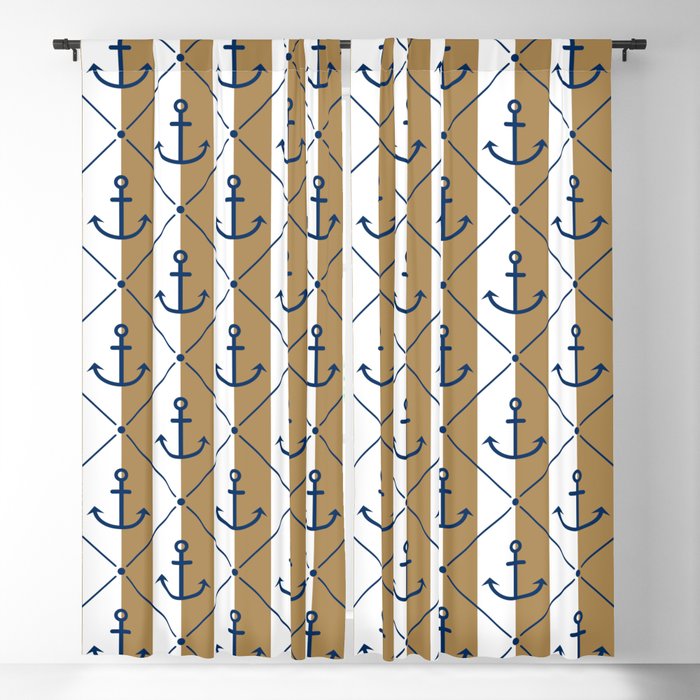 Navy Blue Anchor Pattern on White and Gold Blackout Curtain