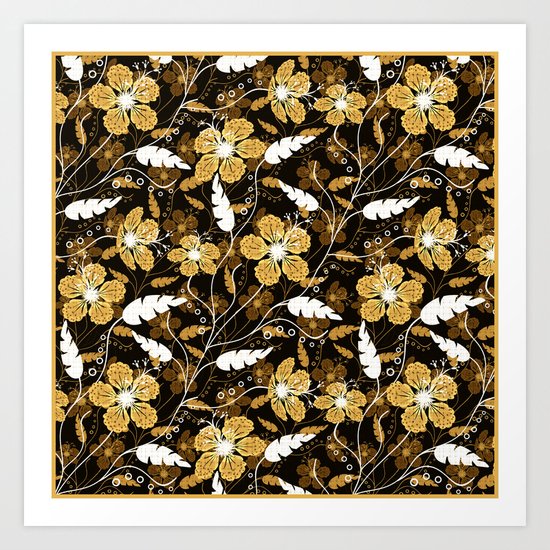 Abstract,floral pattern. Golden flowers on a black background. Art Print