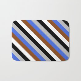 [ Thumbnail: Colorful Grey, Royal Blue, Brown, White, and Black Colored Lined/Striped Pattern Bath Mat ]