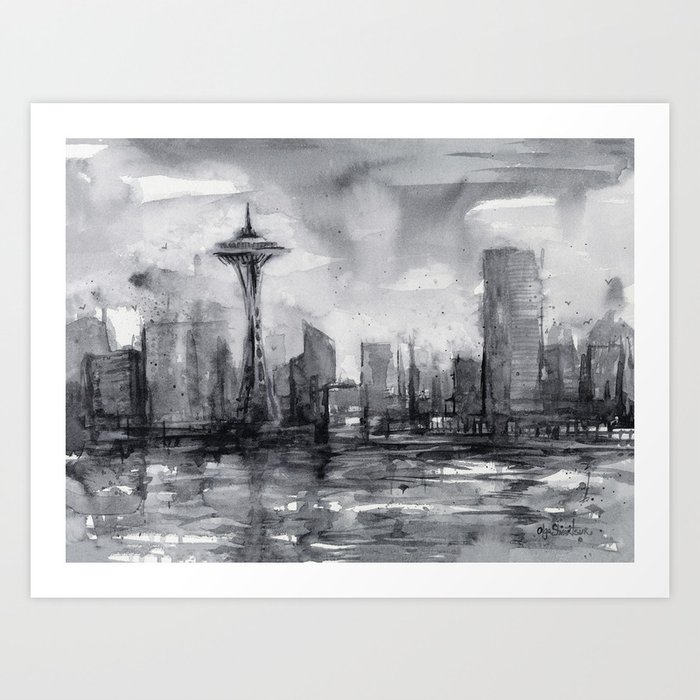 Seattle Skyline Painting Watercolor Black and White Space Needle Art Print