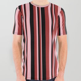 [ Thumbnail: Pink, Brown & Black Colored Striped Pattern All Over Graphic Tee ]
