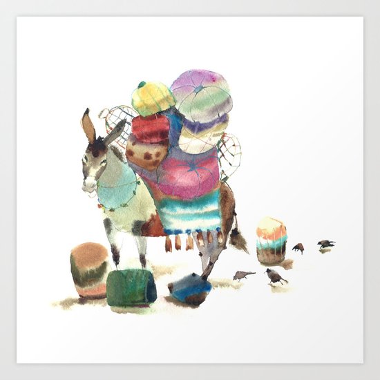 Watercolor cute donkey kids illustration Art Print