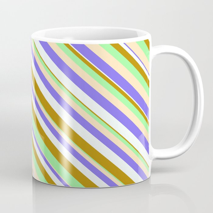 Eye-catching Dark Goldenrod, Green, Beige, Medium Slate Blue, and Mint Cream Colored Stripes Pattern Coffee Mug